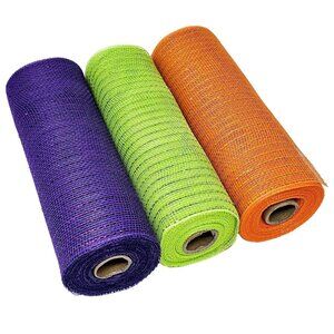 Tesadorz 10" Metallic Deco Mesh Ribbon Rolls - Orange, Purple, Lime Green